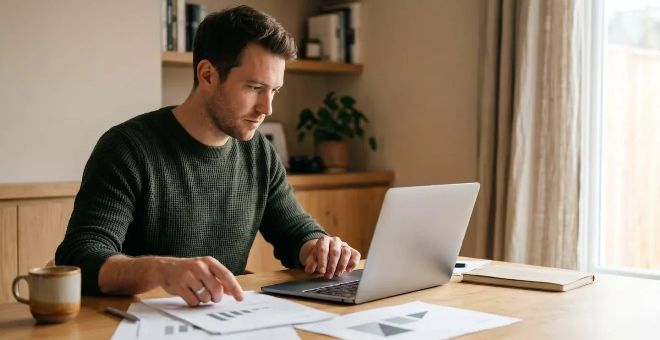 Persona che esamina documenti e foto di un appartamento prima di prenotare online