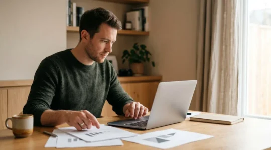 Persona che esamina documenti e foto di un appartamento prima di prenotare online