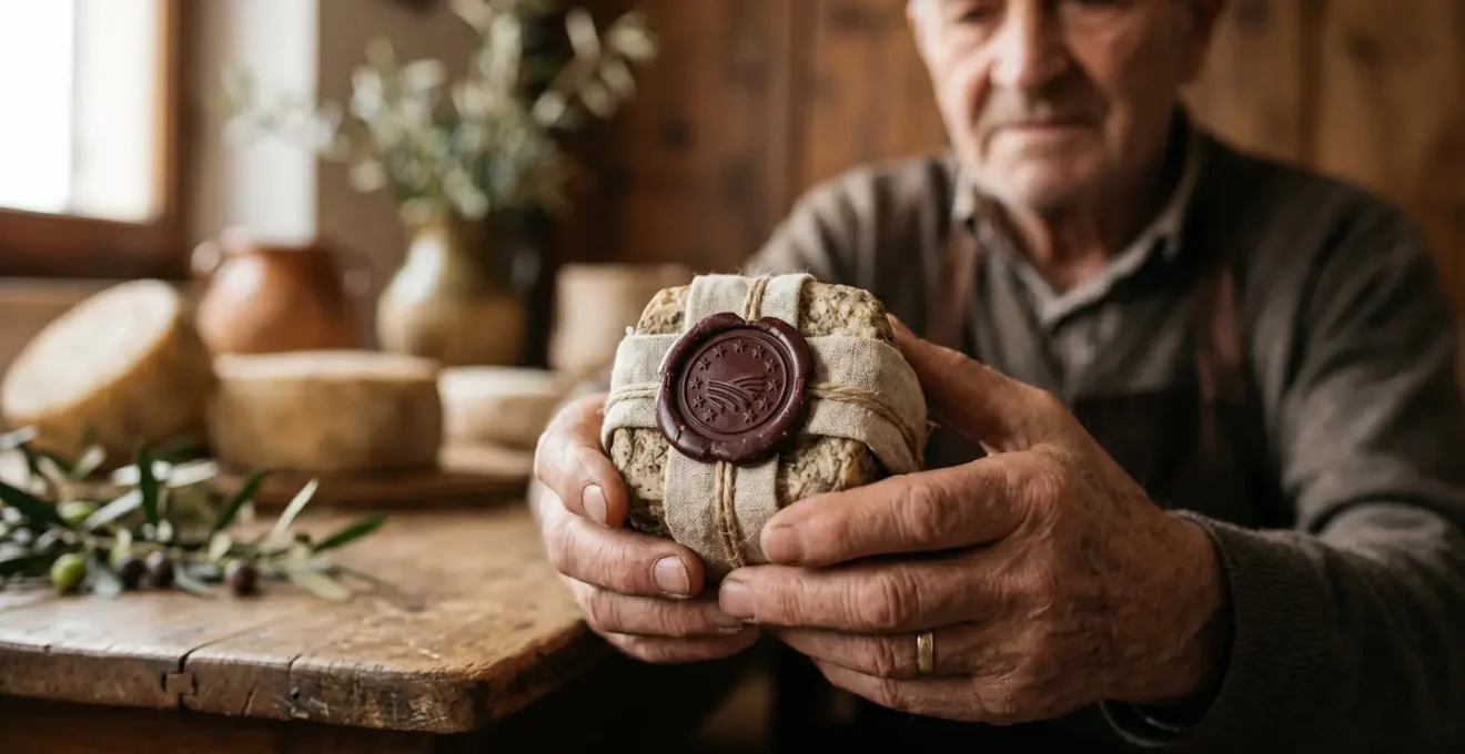 Mani esperte che esaminano un prodotto alimentare tipico con sigillo di certificazione DOP su sfondo naturale