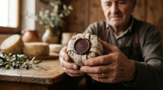 Mani esperte che esaminano un prodotto alimentare tipico con sigillo di certificazione DOP su sfondo naturale