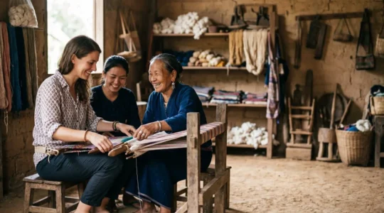 Viaggiatore che condivide un momento autentico con la comunità locale lontano dalle rotte turistiche