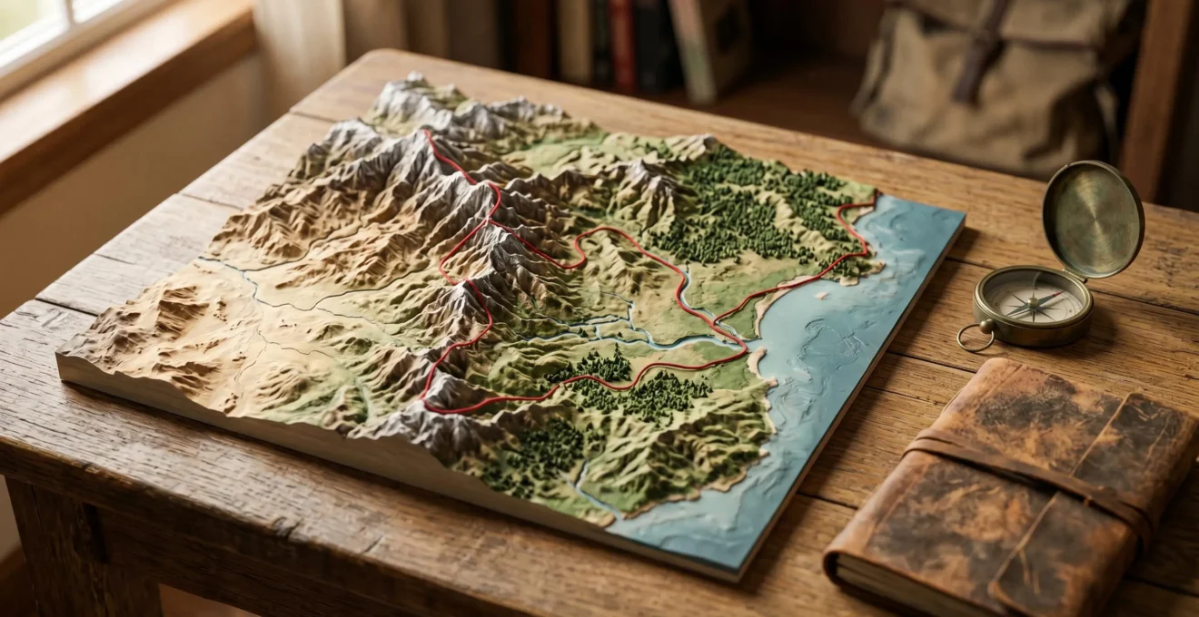 Mappa fotografica con biomi diversi interconnessi in un solo itinerario di viaggio