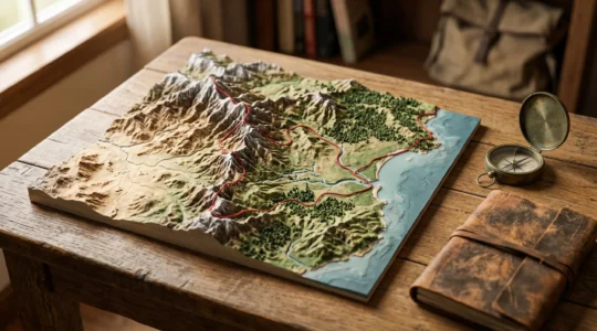 Mappa fotografica con biomi diversi interconnessi in un solo itinerario di viaggio