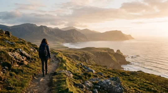 Viaggiatore contempla vasto paesaggio naturale in momento di riflessione personale