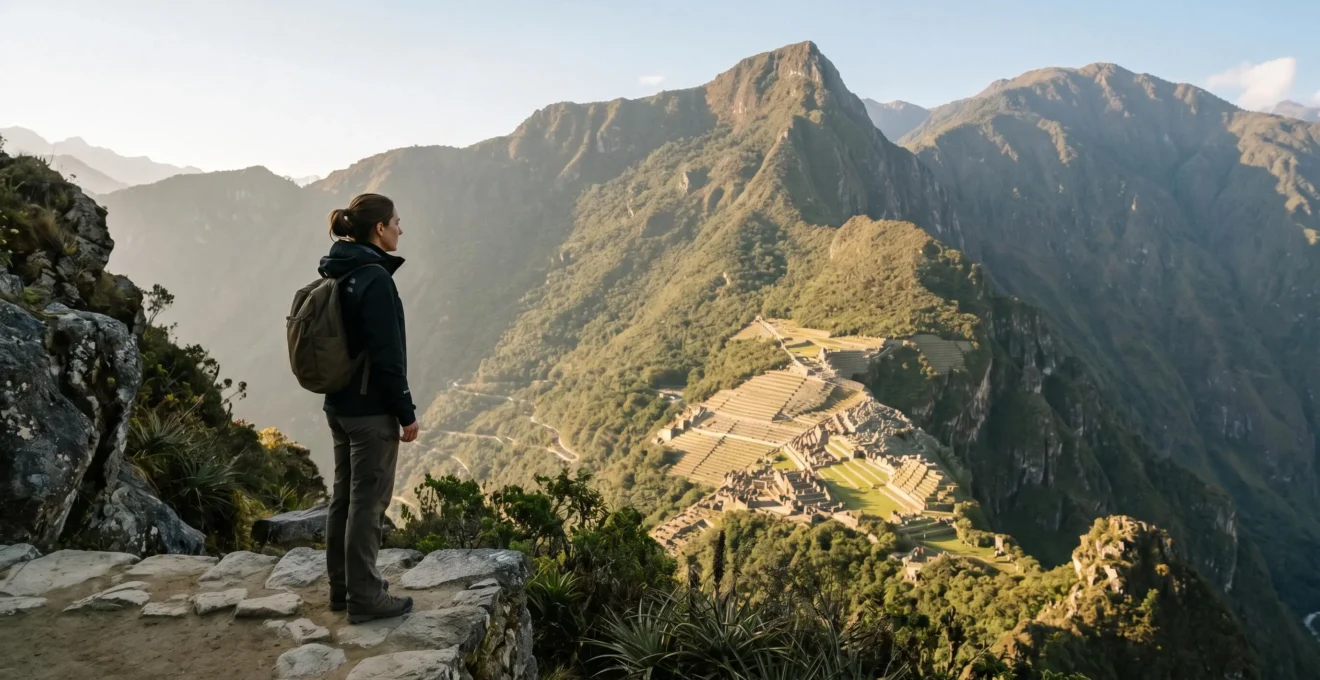 Visitatore solitario che osserva un'attrazione turistica iconica in orario strategico con atmosfera tranquilla