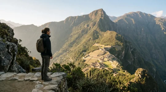Visitatore solitario che osserva un'attrazione turistica iconica in orario strategico con atmosfera tranquilla