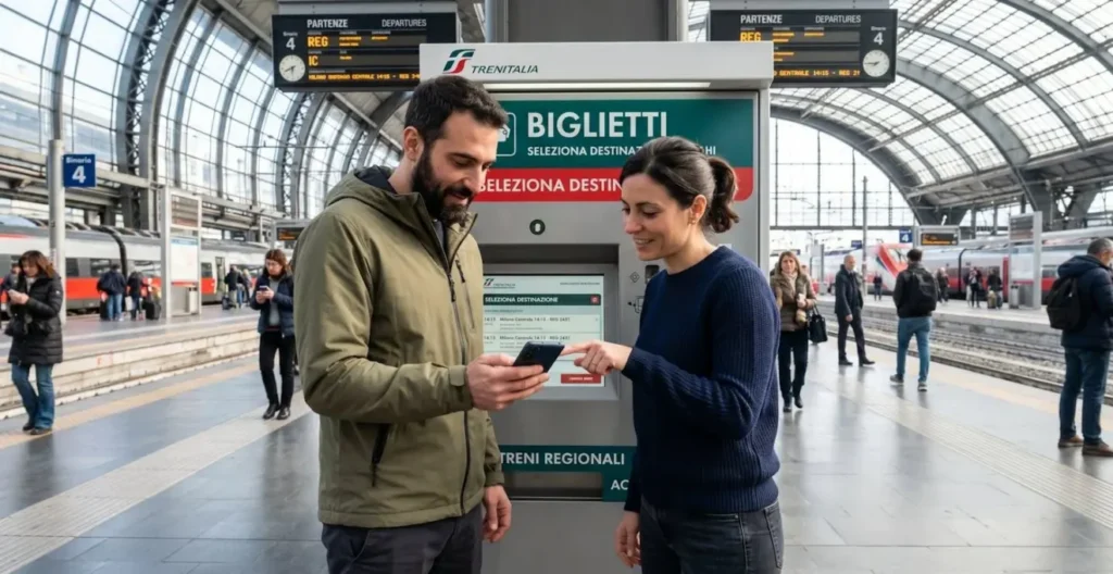 Coppia di trentenni che consulta insieme lo schermo di uno smartphone davanti a una biglietteria automatica Trenitalia, gesto naturale della mano che indica il display, sfondo sfocato di stazione ferroviaria moderna Coppia di trentenni che consulta insieme lo schermo di uno smartphone davanti a una biglietteria automatica Trenitalia, gesto naturale della mano che indica il display, sfondo sfocato di stazione ferroviaria moderna