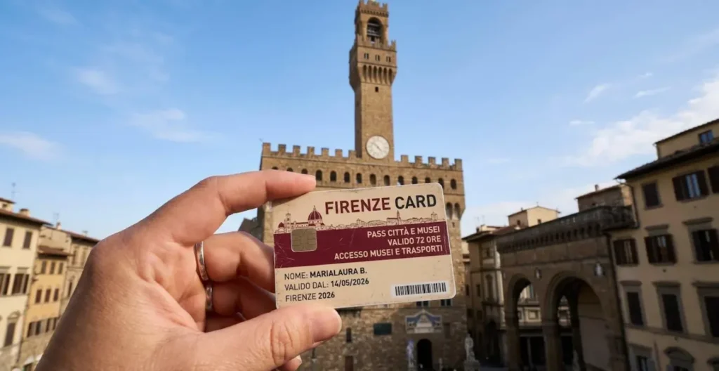 Primo piano estremo di una mano che tiene la Firenze Card plastificata, con la torre di Palazzo Vecchio visibile ma sfocata sullo sfondo, profondità di campo ridotta e luce laterale naturale Primo piano estremo di una mano che tiene la Firenze Card plastificata, con la torre di Palazzo Vecchio visibile ma sfocata sullo sfondo, profondità di campo ridotta e luce laterale naturale